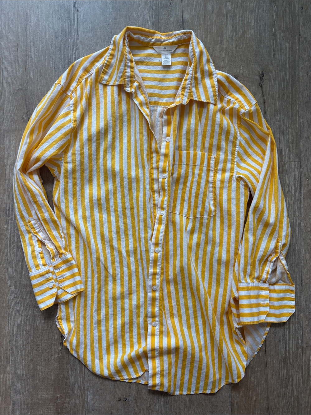 H&M Linen Blend Yellow and White Vertical Stripe Button-Down Shirt